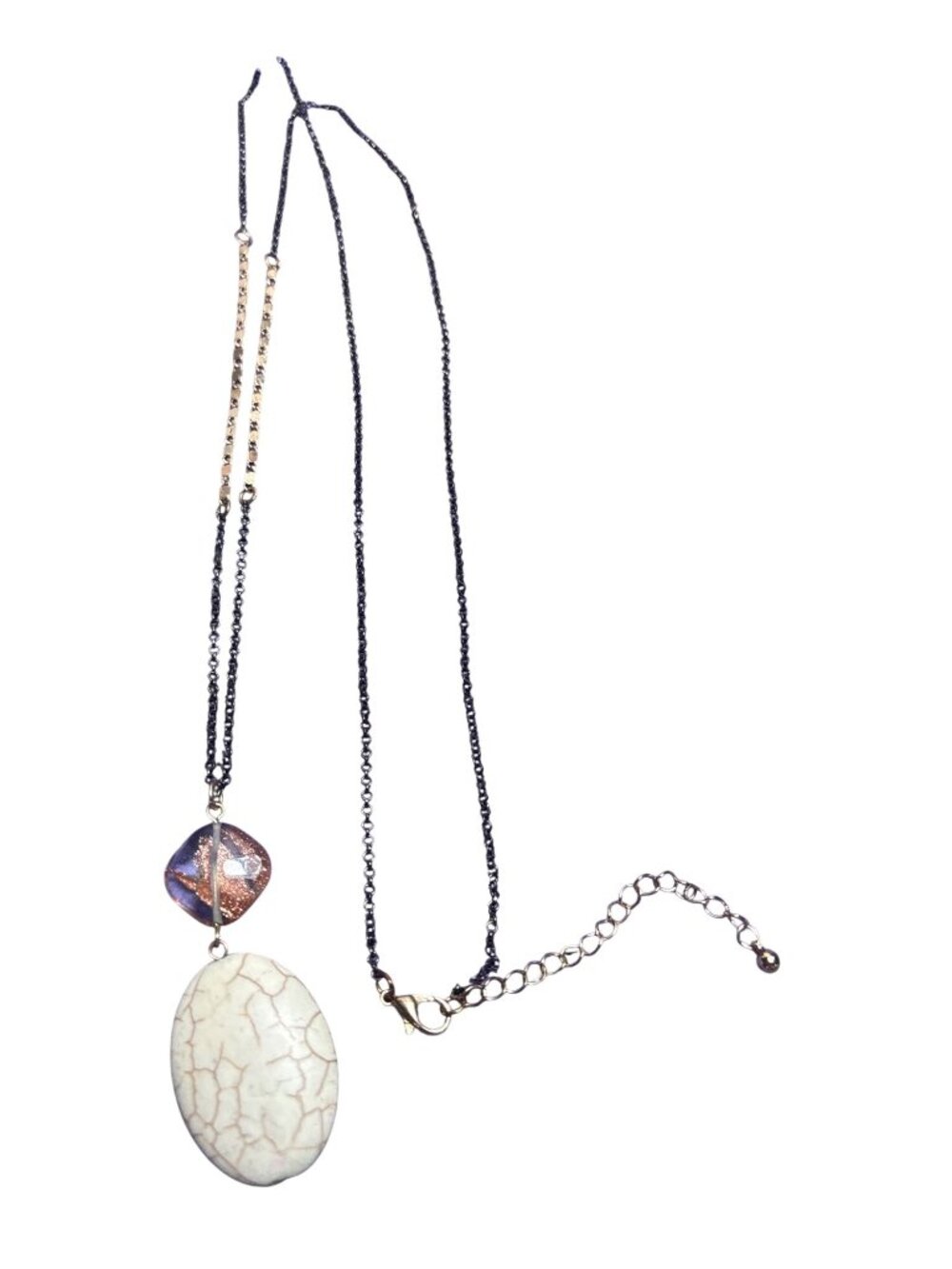 Howlite Clear Gold Glitter Glass Pendant Necklace Goldtone Gunmetal Chain Boho